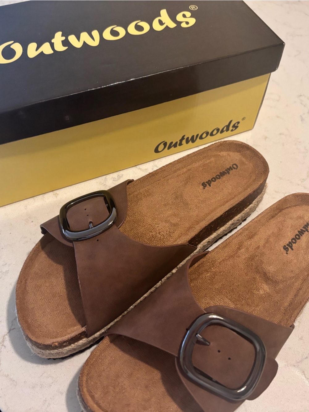 Brown Women’s Leather Slide Sandal with Silver Buckle